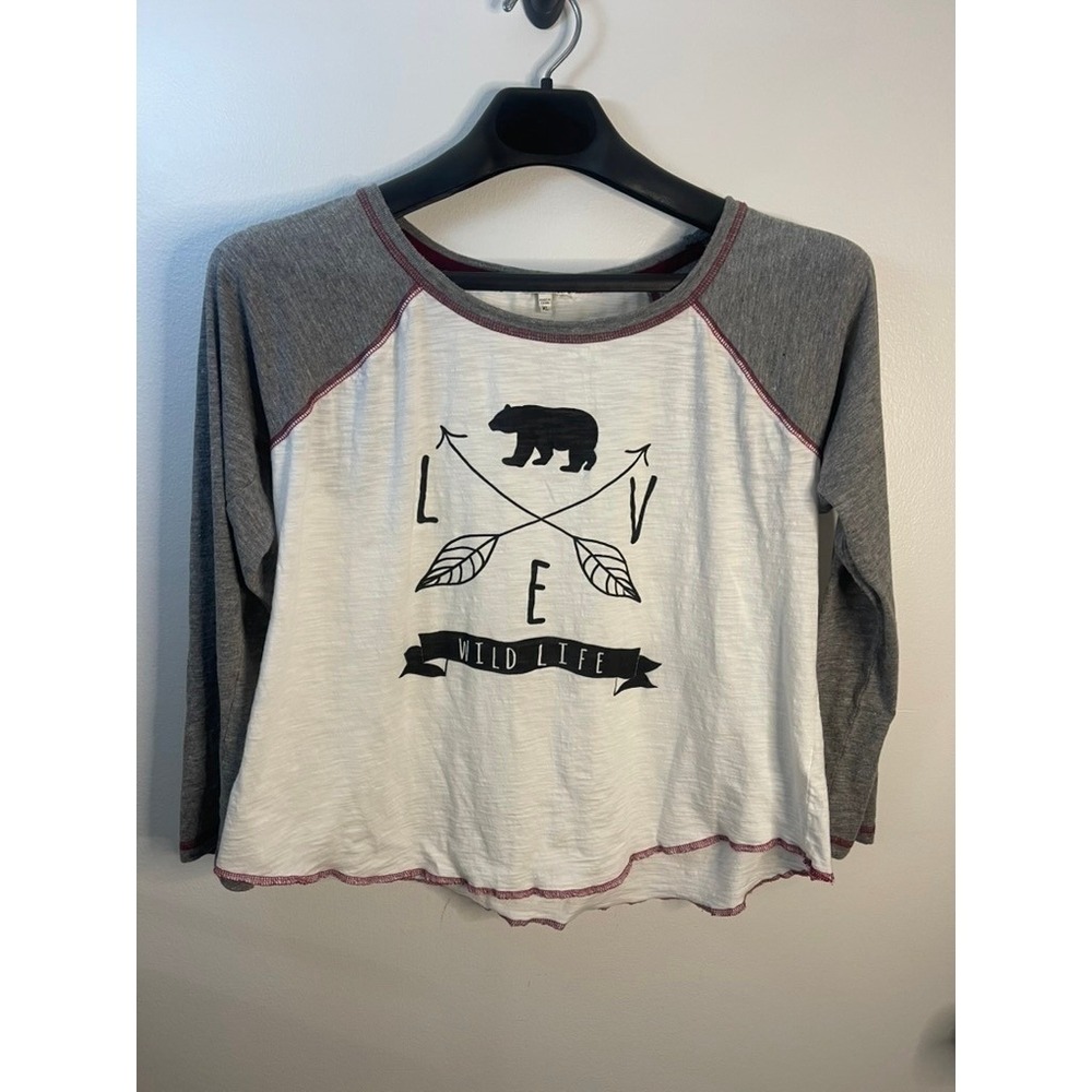 PJ Salvage Kids XL Live Wild Life Bear Raglan Graphic Tee White Grey Long Sleeve